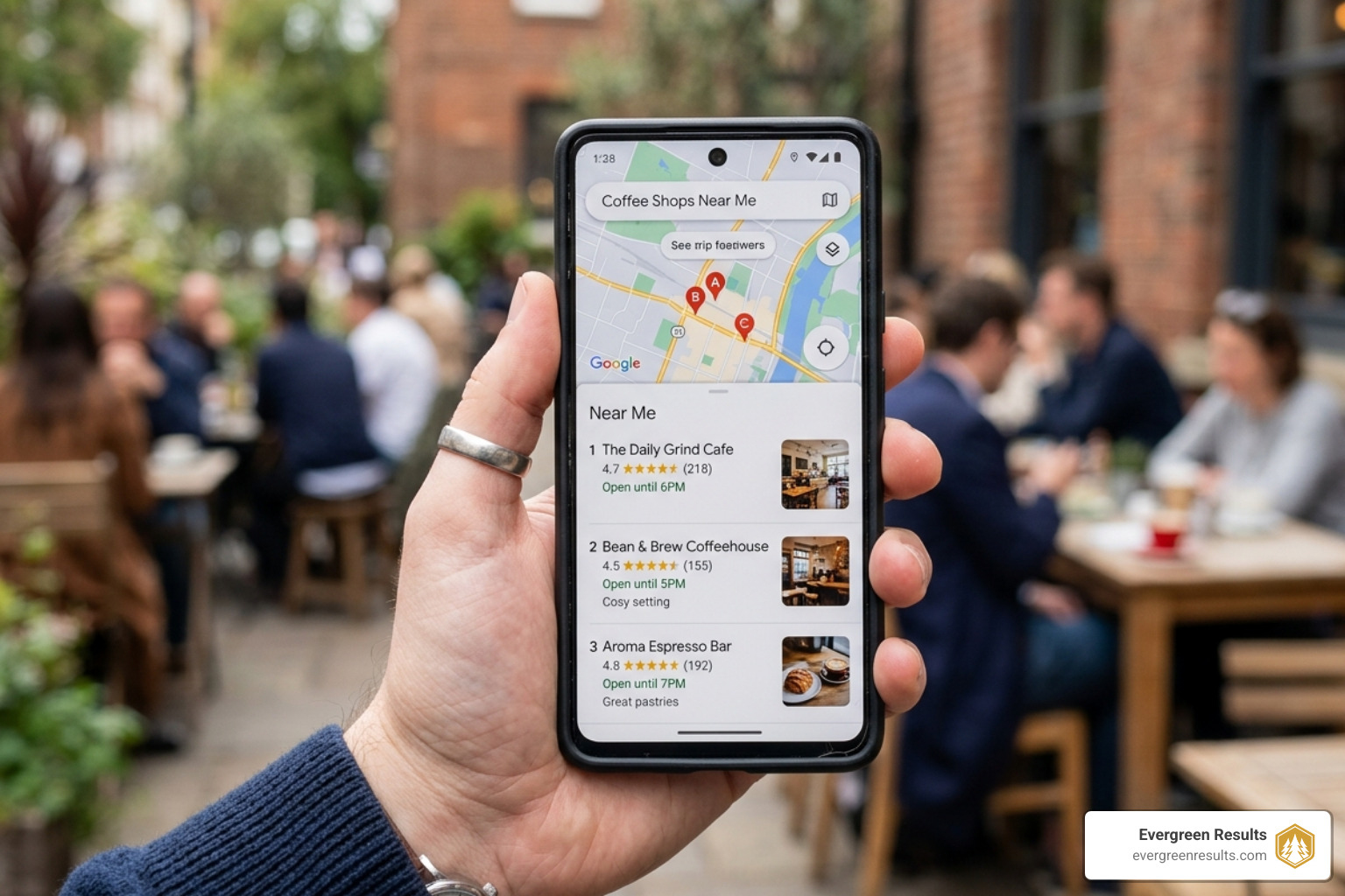 Smartphone displaying a Google Maps Local Pack result - SEO growth Colorado Springs