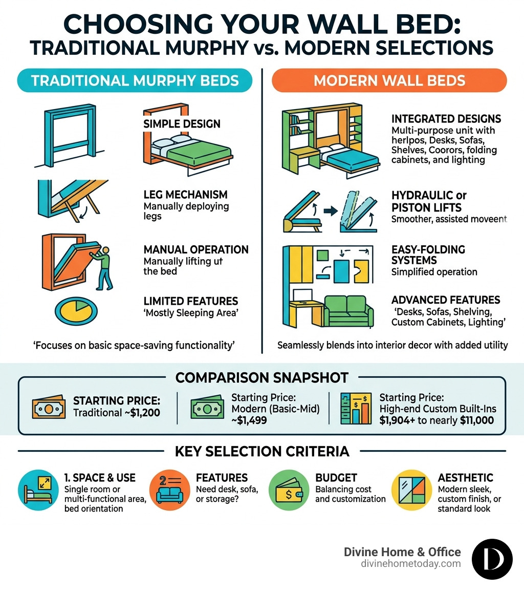 Infographic comparing traditional Murphy beds vs modern wall beds: types, features, price ranges, and key selection criteria
