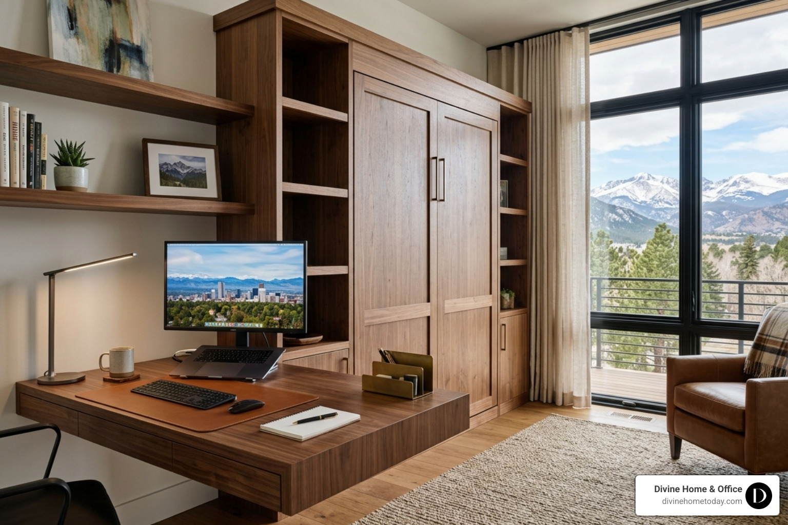 Modern Denver home office with a Murphy bed integrated into natural wood cabinetry and a sleek desk - murphy bed selections