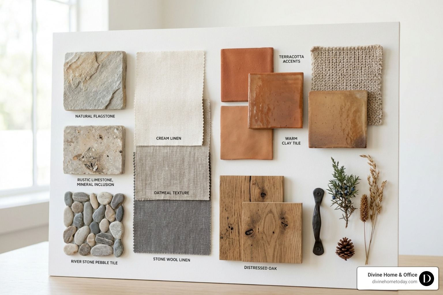 Concept board featuring linen, stone, and warm clay tones for a luxury mountain retreat - concept development in interior Concept board featuring linen, stone, and warm clay tones for a luxury mountain retreat - concept development in interior