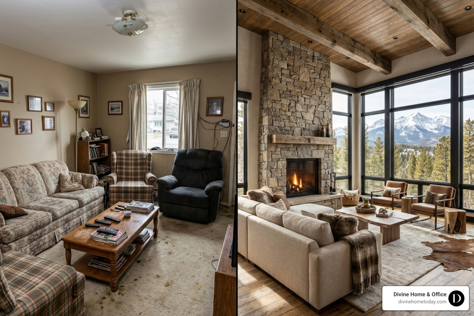 Comparison of a cluttered, mismatched room versus a concept-driven luxury living space - concept development in interior Comparison of a cluttered, mismatched room versus a concept-driven luxury living space - concept development in interior