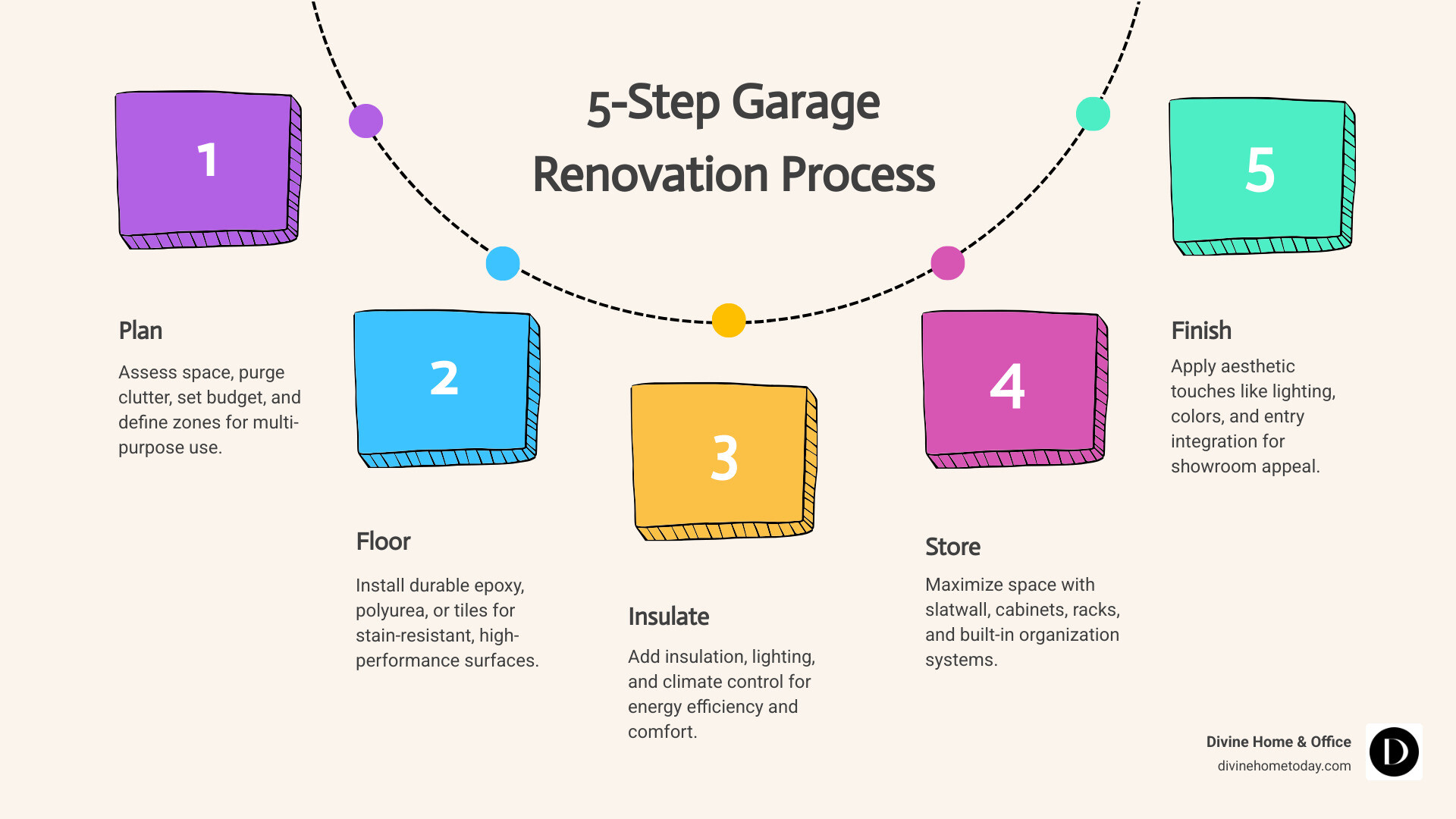 5-step garage renovation process infographic with planning, flooring, storage, conversion, and finishing stages - garage