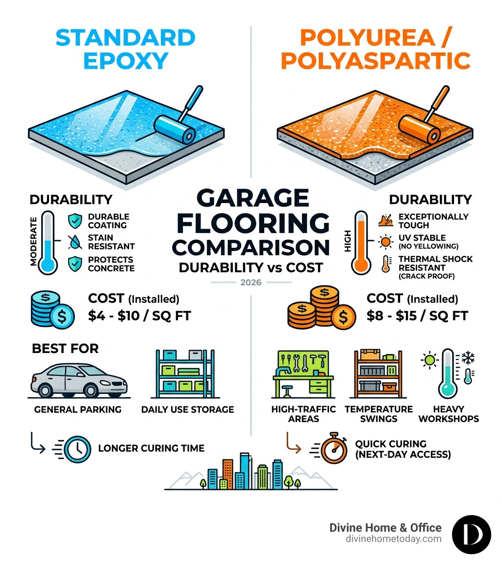 infographic comparing garage flooring durability vs cost for epoxy and polyurea - garage renovation ideas infographic 