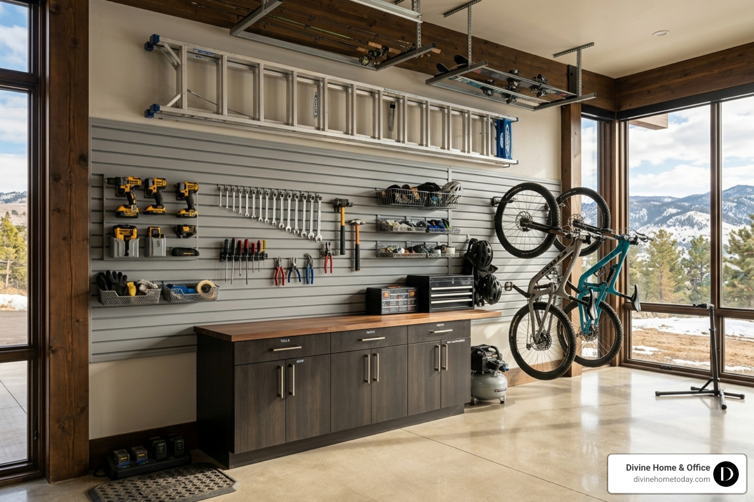 garage wall featuring custom slatwall and overhead racks in a modern rustic style - garage renovation ideas