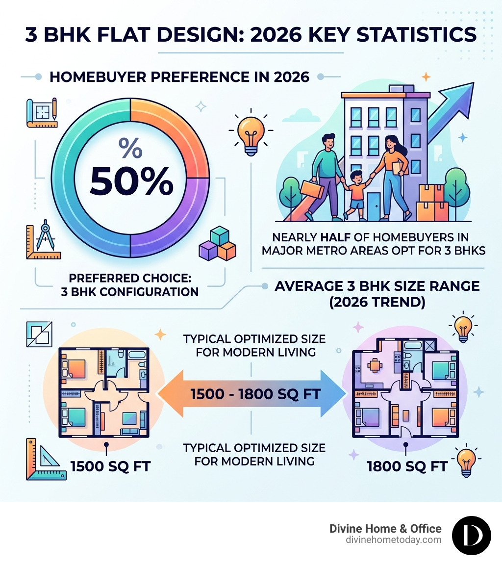 Infographic showing 3 BHK design statistics: 50% preference for 3BHKs in 2026 and average size ranges of 1500-1800 sq ft Infographic showing 3 BHK design statistics: 50% preference for 3BHKs in 2026 and average size ranges of 1500-1800 sq ft