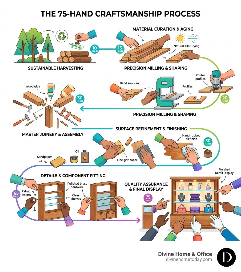 Infographic detailing the 75-hand craftsmanship process from raw sustainable wood to finished retail display - custom retail