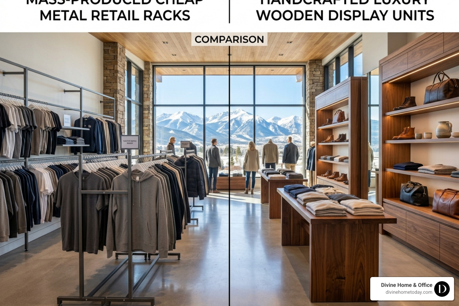 Comparison of mass-produced metal retail racks versus handcrafted luxury wooden display units in a Denver boutique - custom
