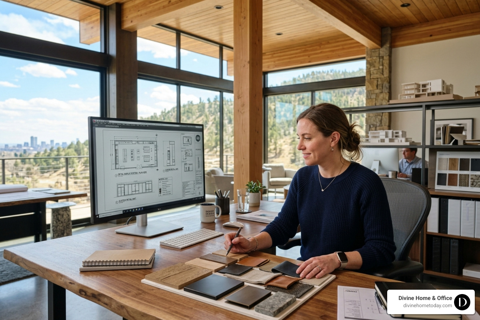 Professional designer in a Denver studio reviewing AutoCAD layouts and material swatches for a custom retail project