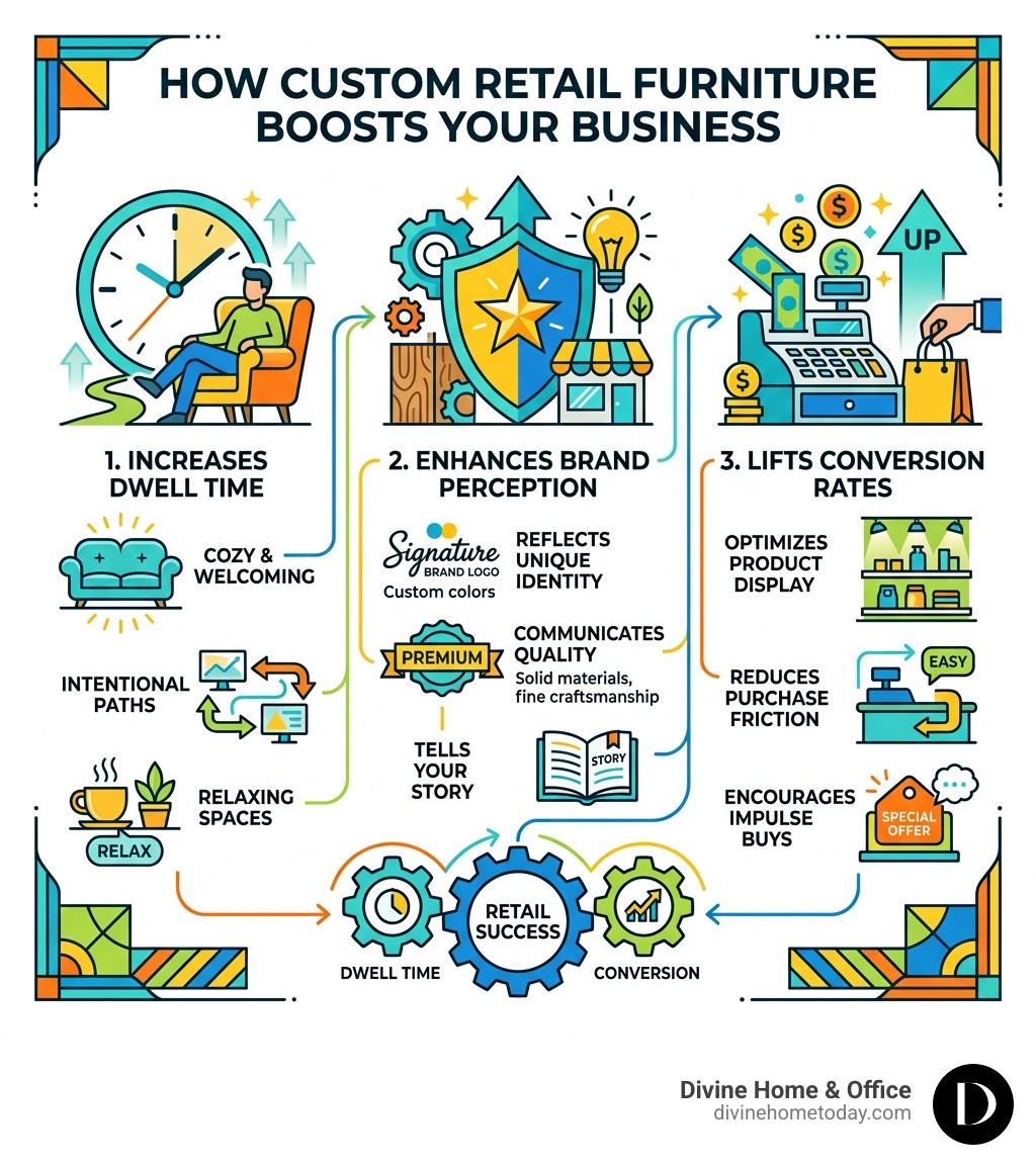 Infographic showing how custom retail furniture impacts dwell time, brand perception, and sales conversion rates - custom