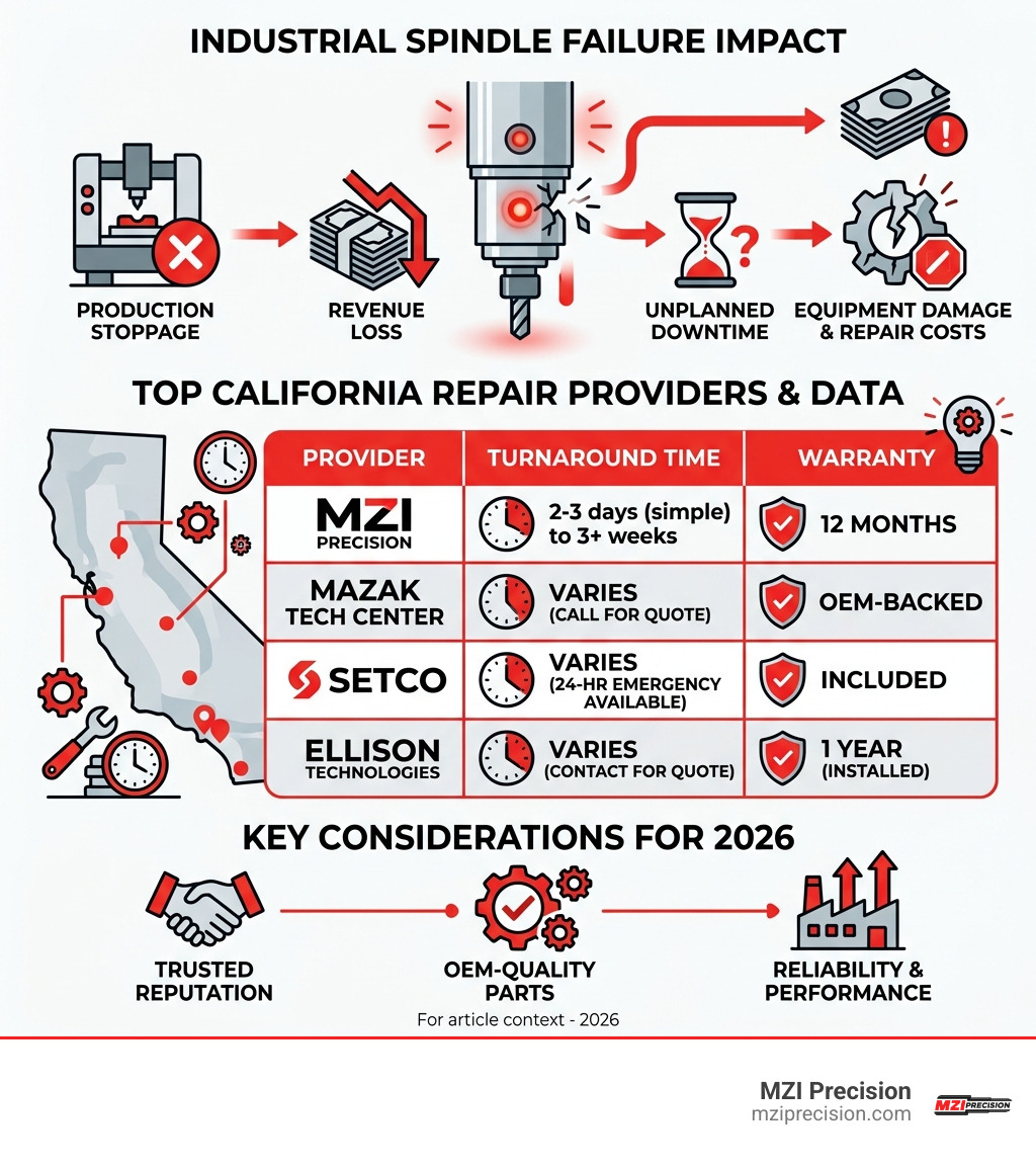 Infographic showing industrial spindle failure impact, top California repair providers, turnaround times, and warranty Infographic showing industrial spindle failure impact, top California repair providers, turnaround times, and warranty