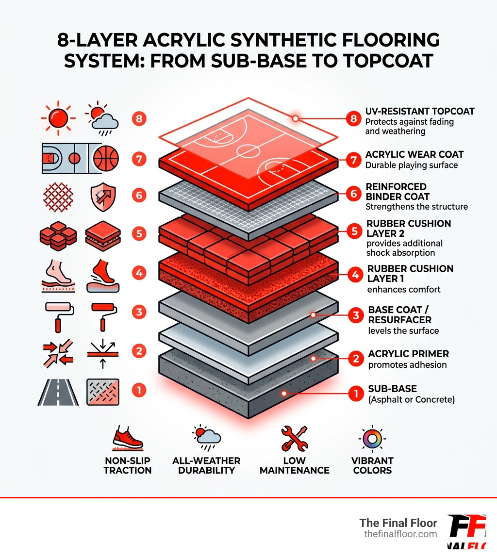 Infographic showing the 8-layer acrylic synthetic flooring system from primer to topcoat - acrylic synthetic flooring