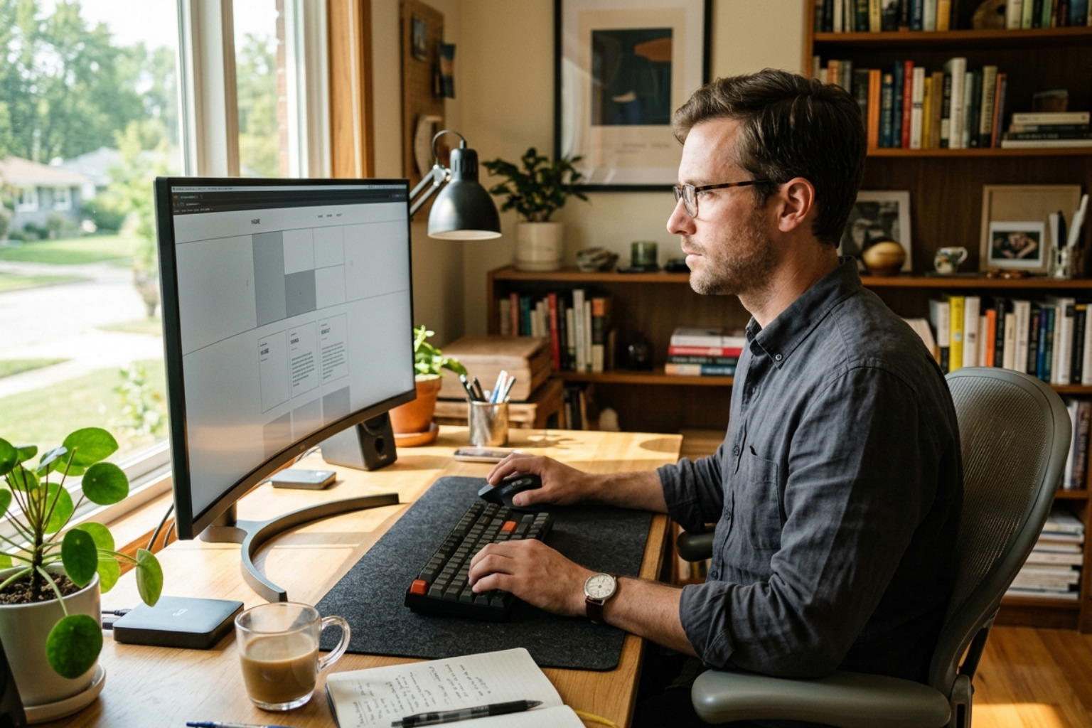 A professional designer working on a clean website layout on a large monitor - Marketing agency Westfield IN