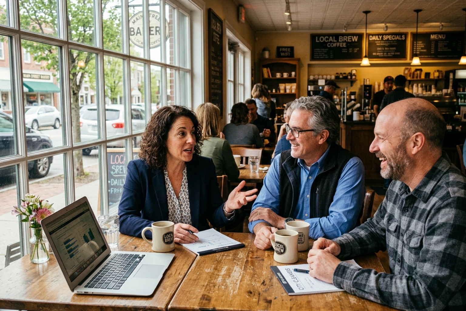 Westfield business owners meeting in a bright local cafe - Marketing agency Westfield IN