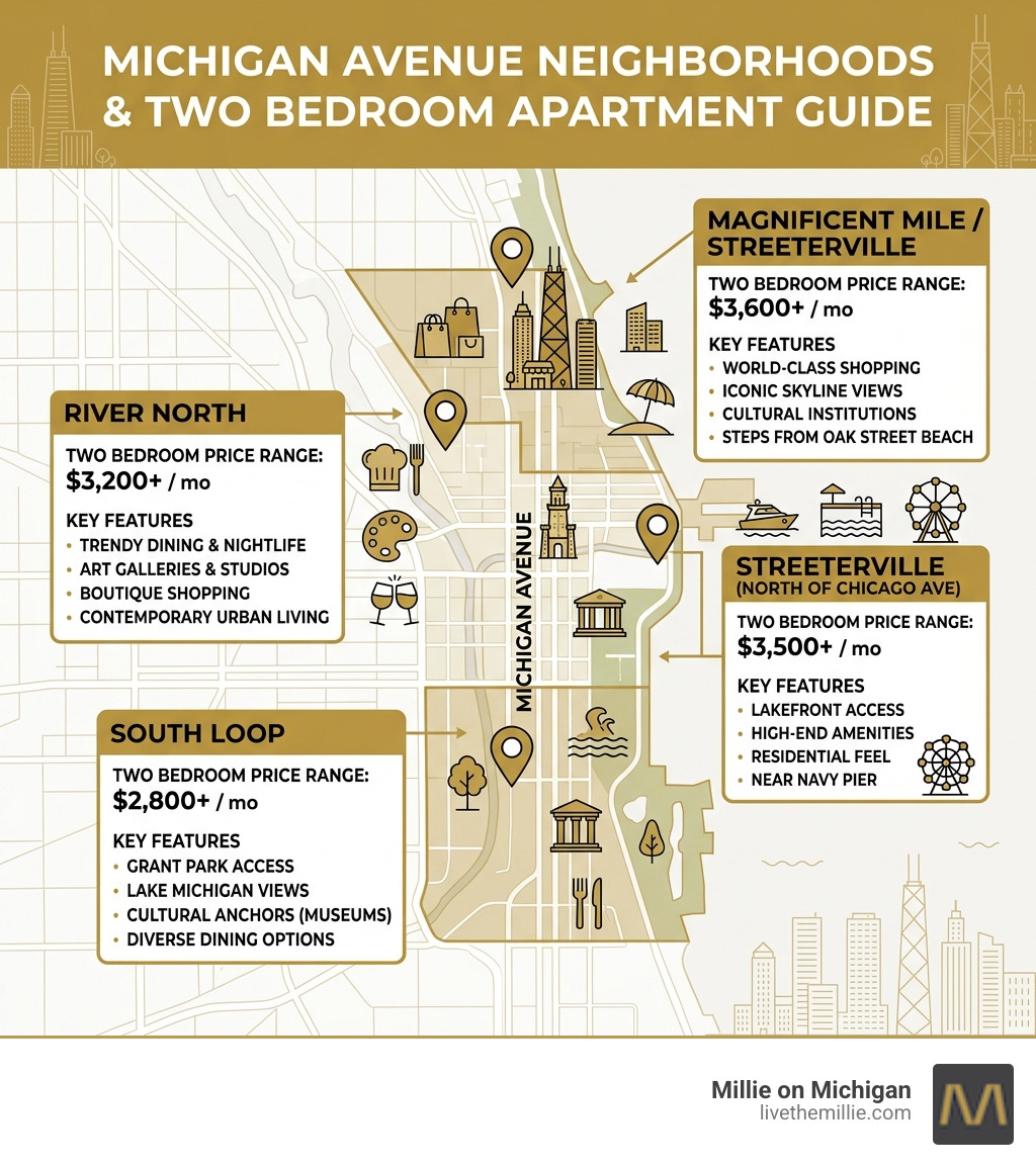 Infographic showing Michigan Avenue neighborhood map with two bedroom apartment price ranges and key features by area Infographic showing Michigan Avenue neighborhood map with two bedroom apartment price ranges and key features by area