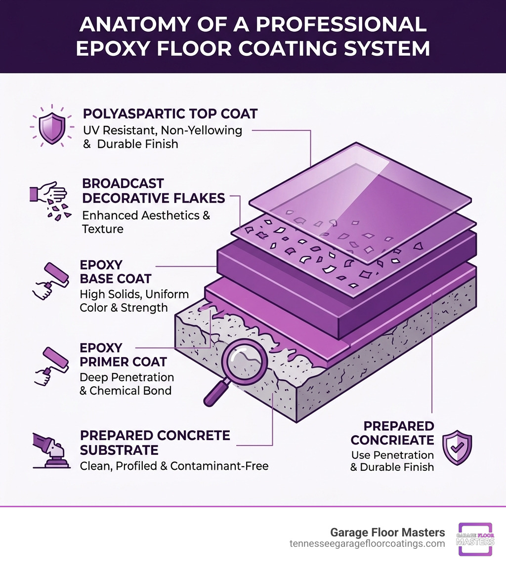 Anatomy of a professional epoxy floor coating system with layers labeled - epoxy floor painting services infographic Anatomy of a professional epoxy floor coating system with layers labeled - epoxy floor painting services infographic