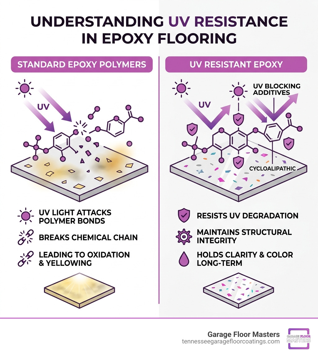 Infographic showing how UV rays break down standard epoxy polymers vs. UV resistant epoxy - UV resistant epoxy floors Infographic showing how UV rays break down standard epoxy polymers vs. UV resistant epoxy - UV resistant epoxy floors