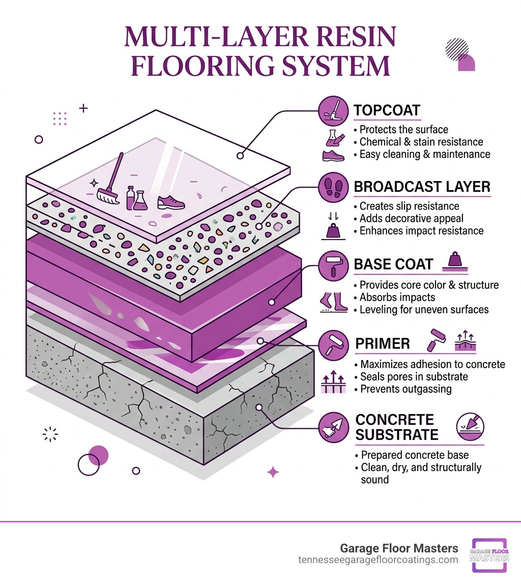 Diagram showing multi-layer resin flooring system with primer, base coat, broadcast, and topcoat layers - commercial resin Diagram showing multi-layer resin flooring system with primer, base coat, broadcast, and topcoat layers - commercial resin