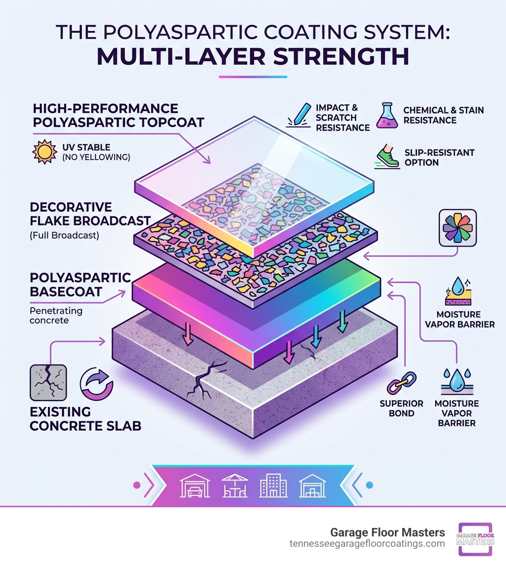 Multi-layer polyaspartic coating system diagram showing basecoat, flake broadcast, and topcoat layers - expert polyaspartic
