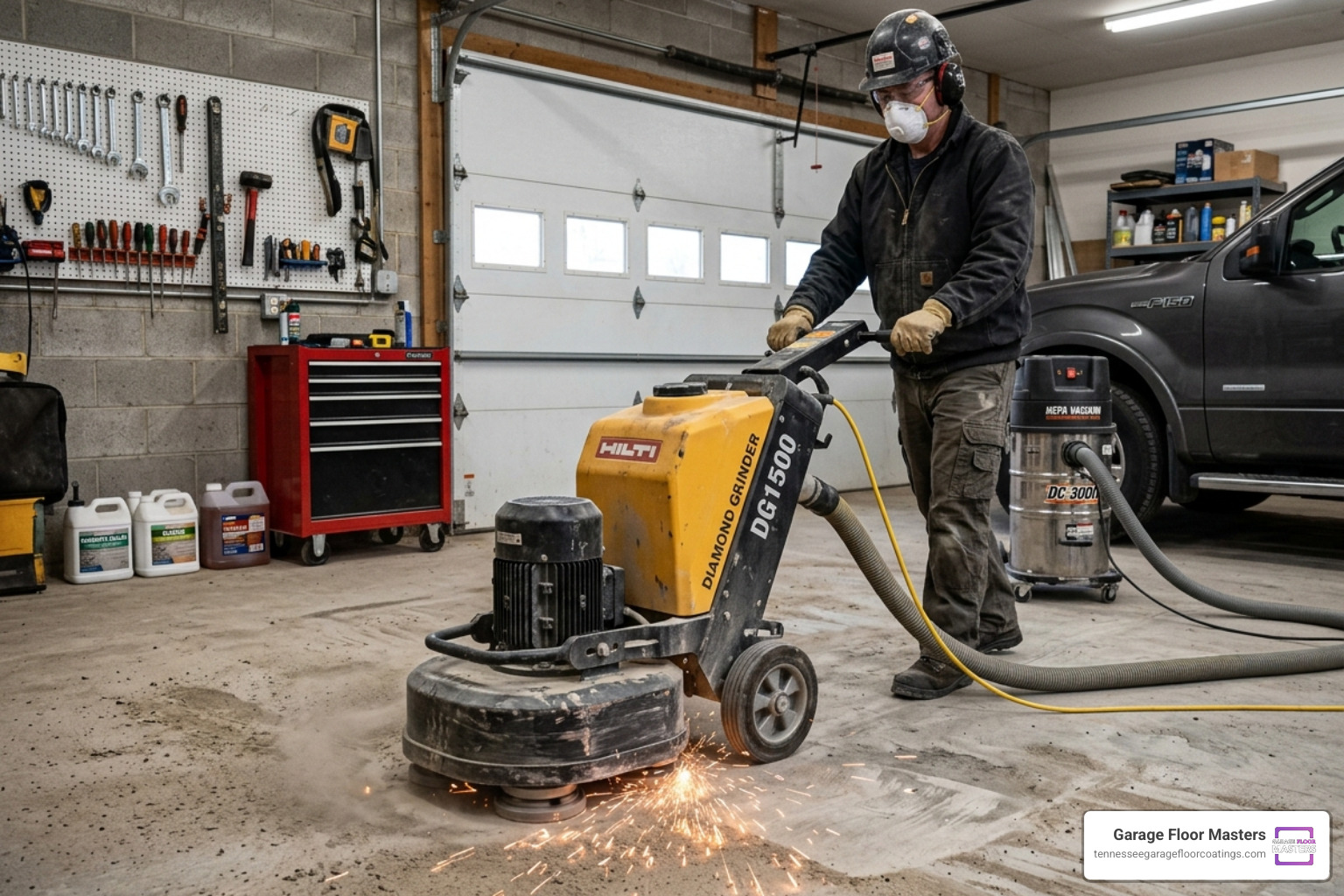 Professional diamond grinding equipment preparing a concrete floor - expert polyaspartic installers Knoxville