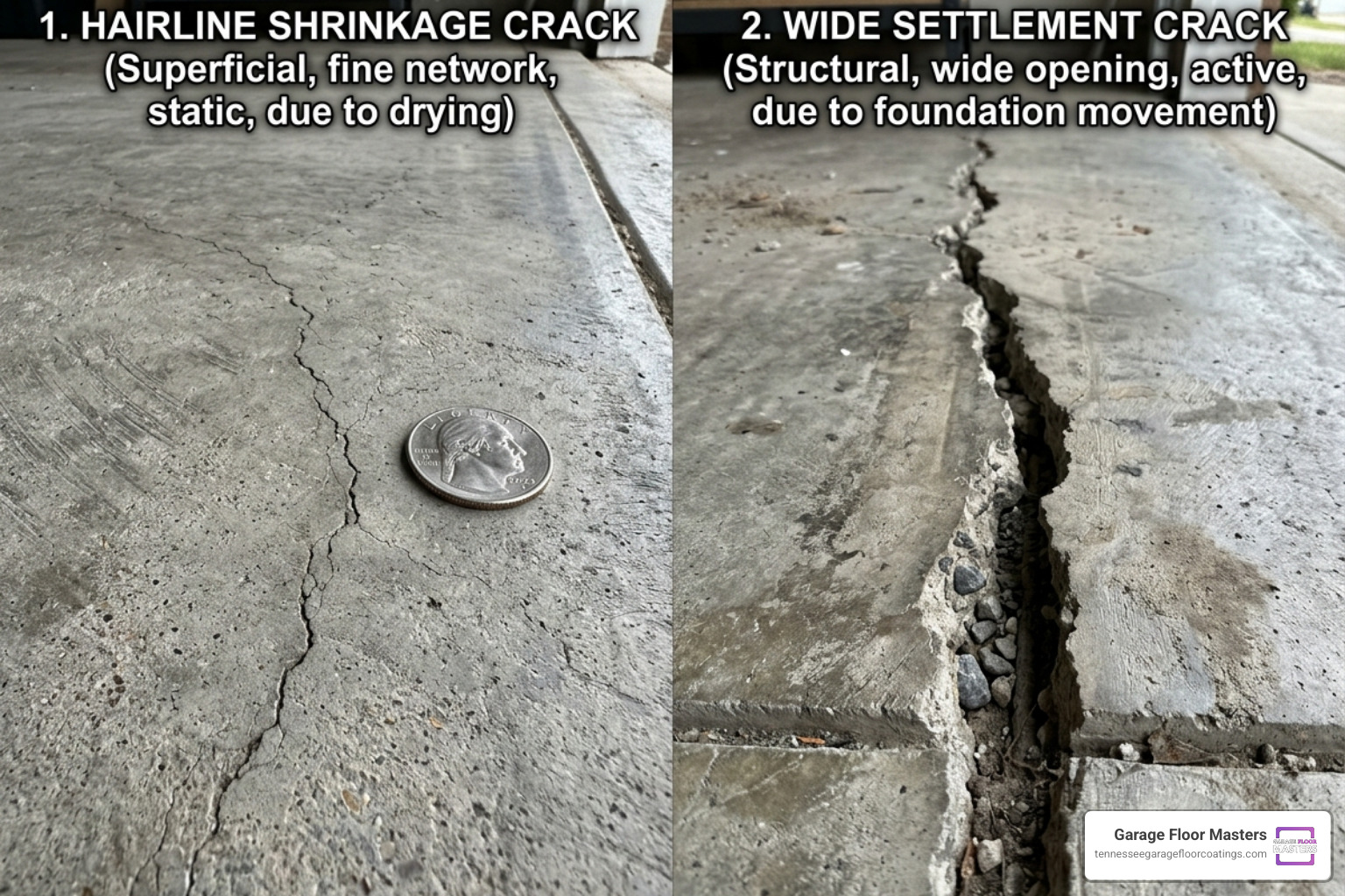 The difference between a thin shrinkage crack and a wide settlement crack - garage floor cracks repair The difference between a thin shrinkage crack and a wide settlement crack - garage floor cracks repair