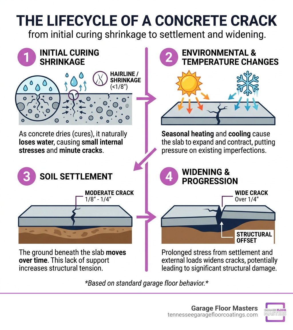 Lifecycle of a concrete crack from initial curing shrinkage to settlement and widening - garage floor cracks repair Lifecycle of a concrete crack from initial curing shrinkage to settlement and widening - garage floor cracks repair