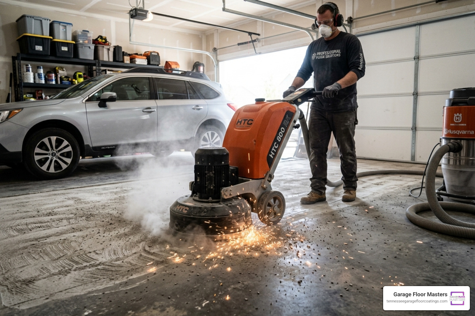 Professional diamond grinding machine preparing a garage floor - best garage floor options Professional diamond grinding machine preparing a garage floor - best garage floor options