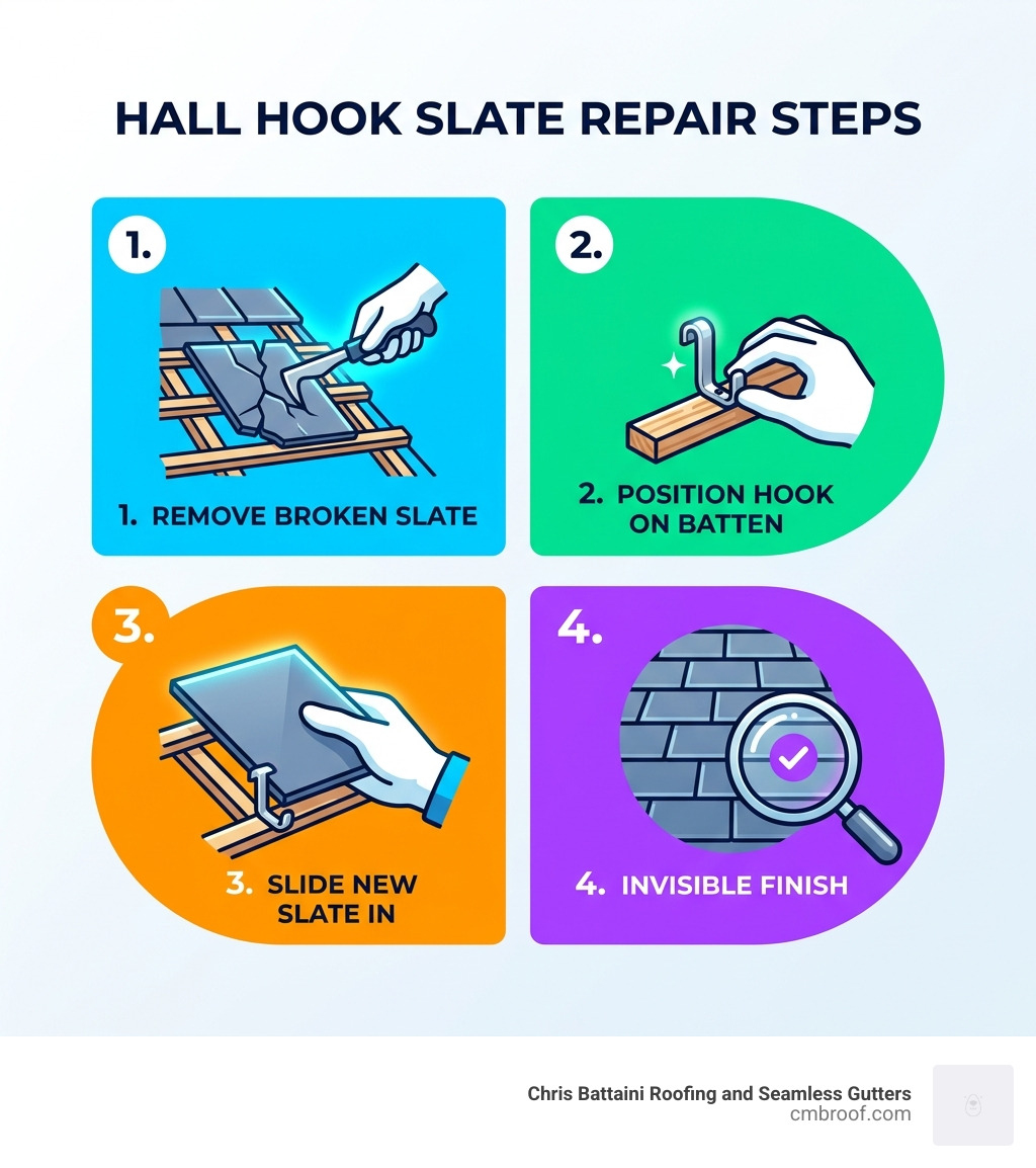 Infographic showing Hall Hook slate repair steps: remove broken slate, position hook on batten, slide new slate in