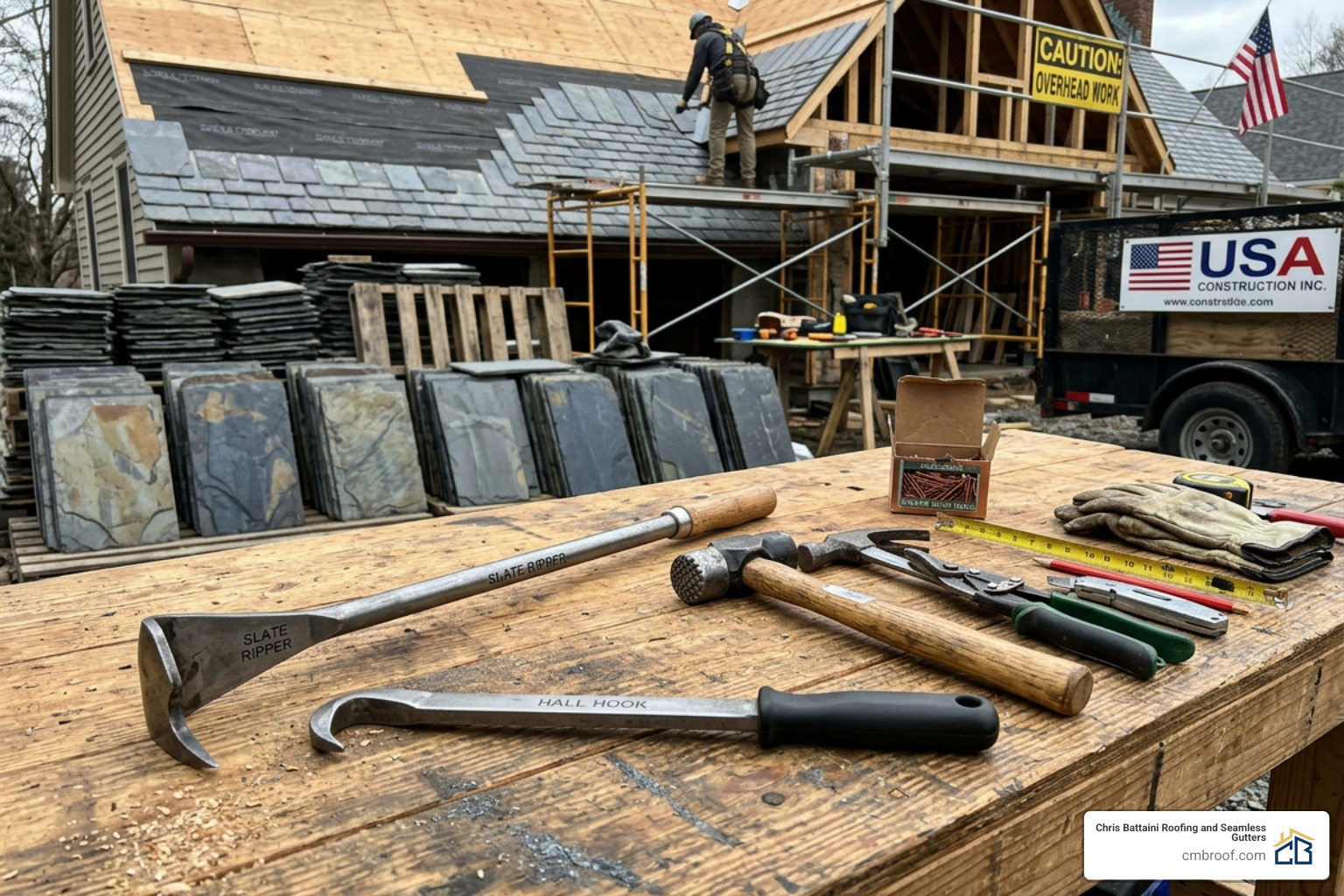 Professional roofing tools including a slate ripper and the Hall Hook puller tool - hall hook slate repair