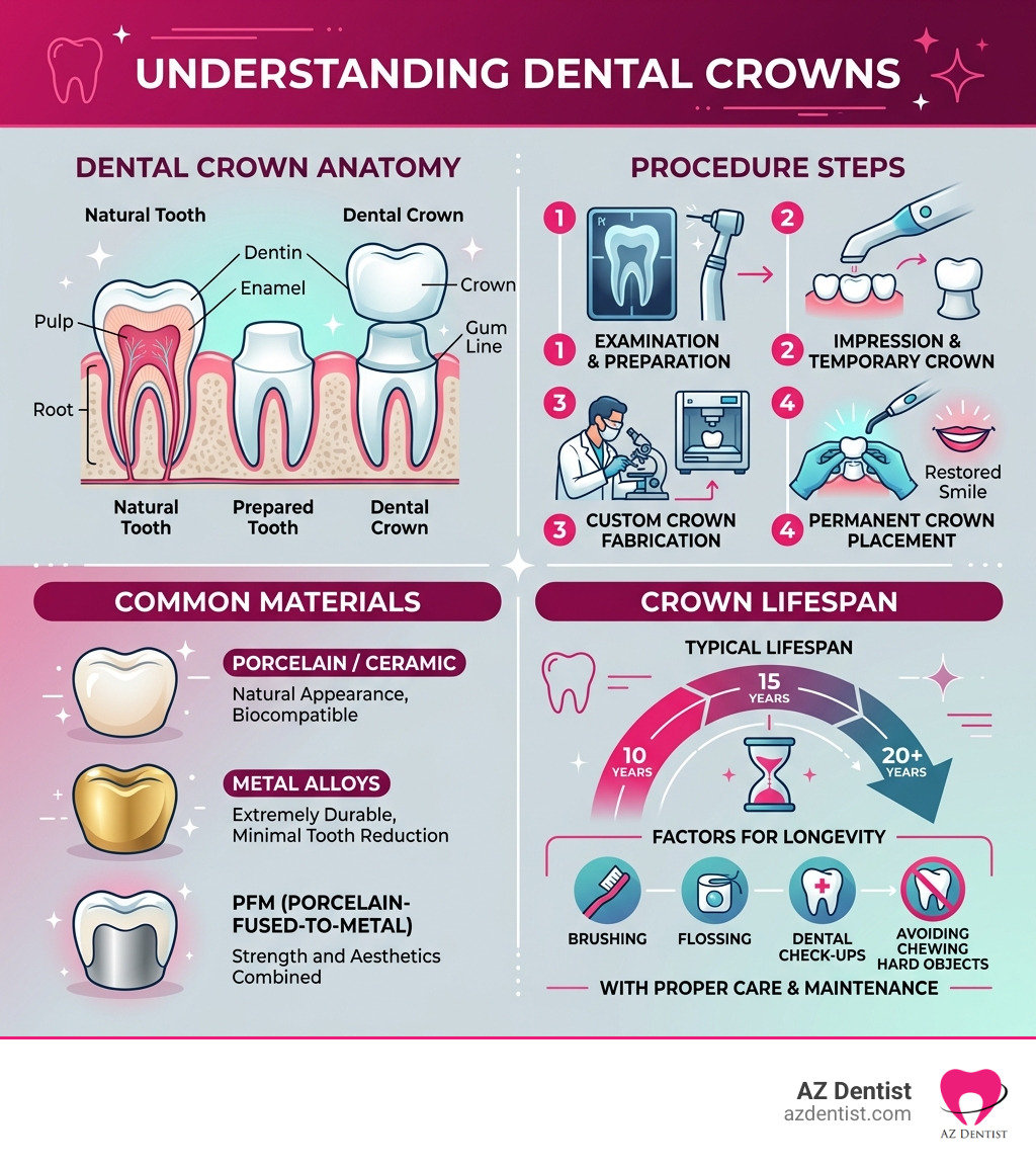 Infographic explaining dental crown anatomy, procedure steps, materials, and lifespan - dental crowns Glendale infographic 
