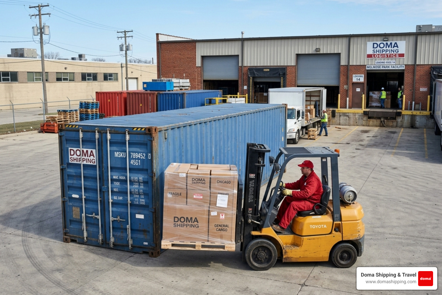 Doma Shipping worker in red uniform loading a container in a Chicago suburb - door to door container shipping Doma Shipping worker in red uniform loading a container in a Chicago suburb - door to door container shipping