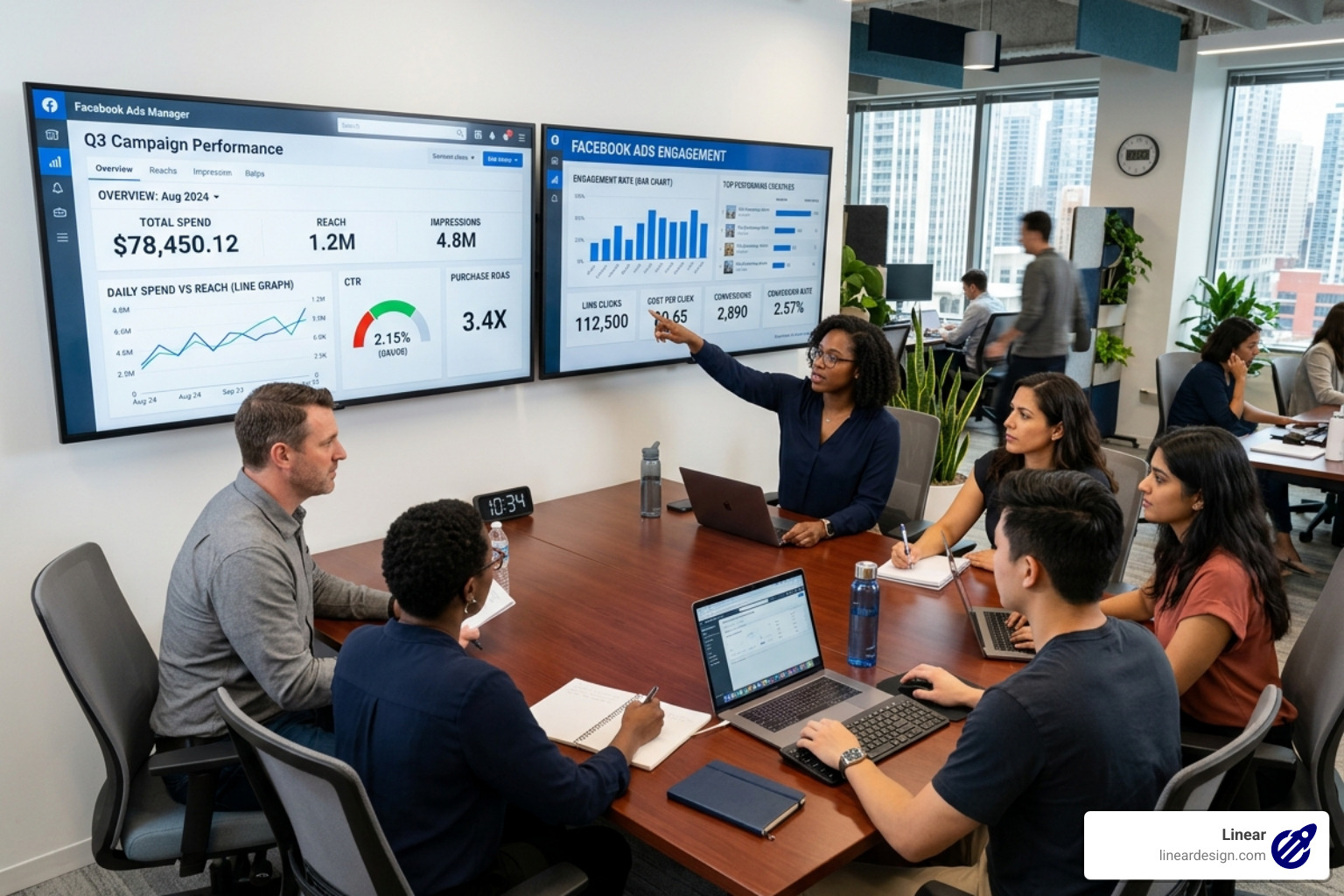 Digital marketing team analyzing real-time social media performance data on multiple screens - facebook ad management