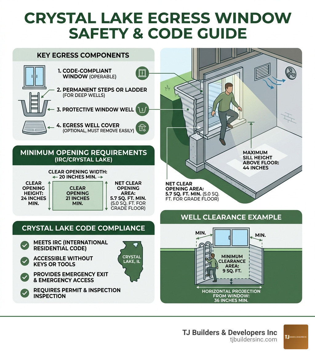 Infographic showing egress window safety dimensions, components, and Crystal Lake code requirements - egress window
