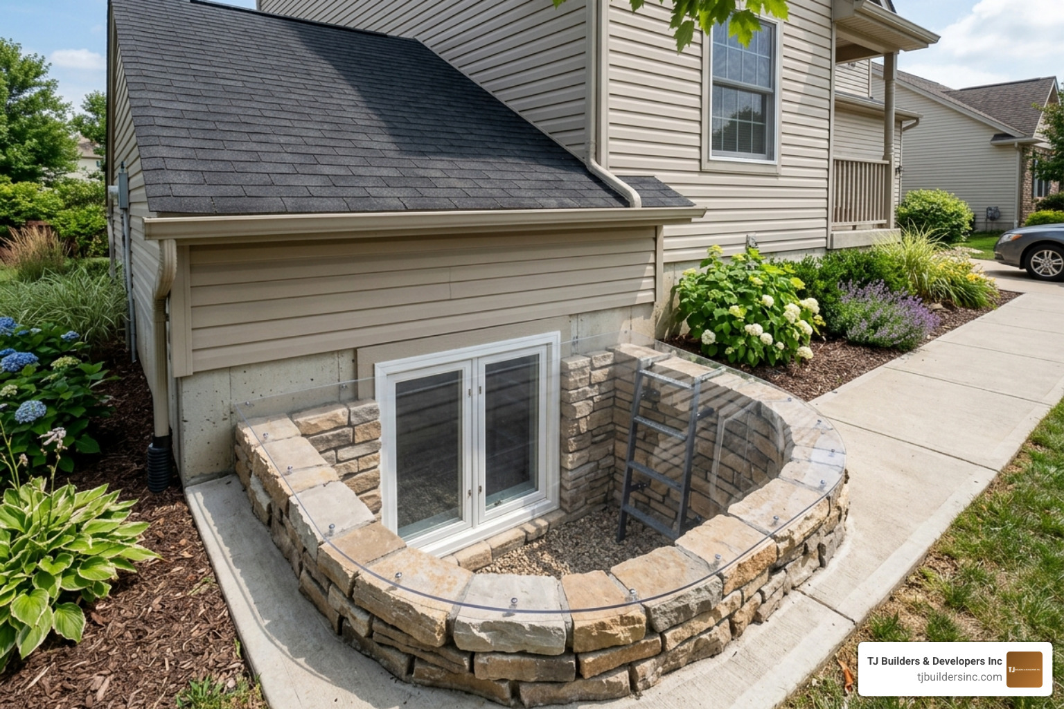 Casement egress window with a decorative stone well and clear cover - egress window replacement crystal lake