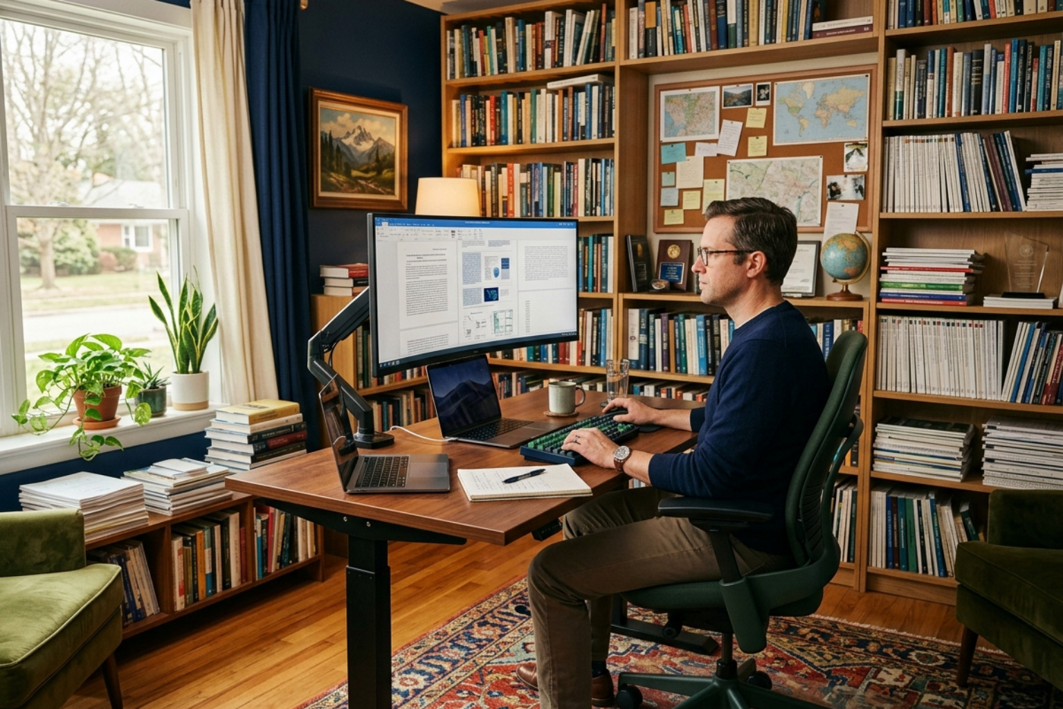 A scholar's ergonomic desk setup featuring a height-adjustable standing desk, an ultra-wide monitor, and a comfortable
