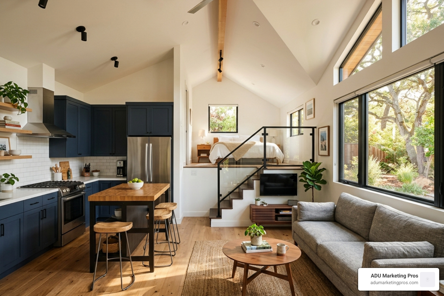 Split-level interior of a modern 60m2 granny flat showing an open-plan kitchen and living area with high ceilings - granny