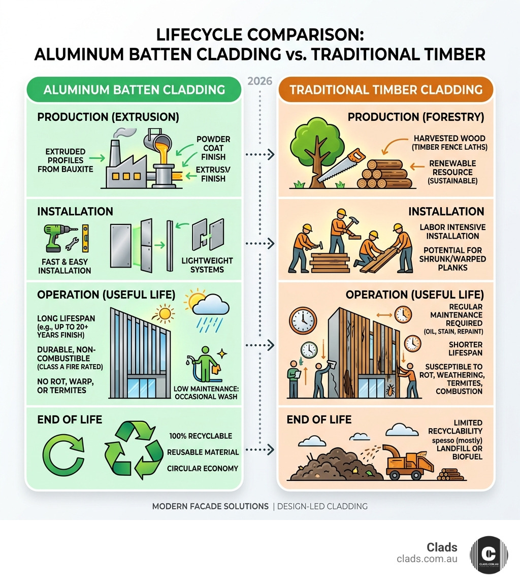 A lifecycle comparison infographic showing the benefits of aluminium batten cladding over traditional timber for modern facades.