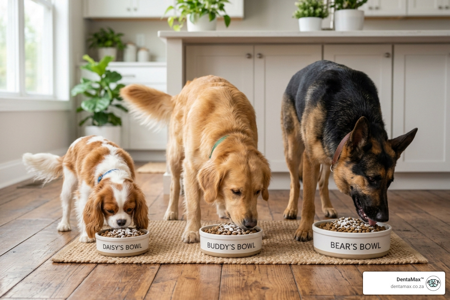 Dog of different sizes (small, medium, large) with dental powder - best powder for dental health dogs south africa