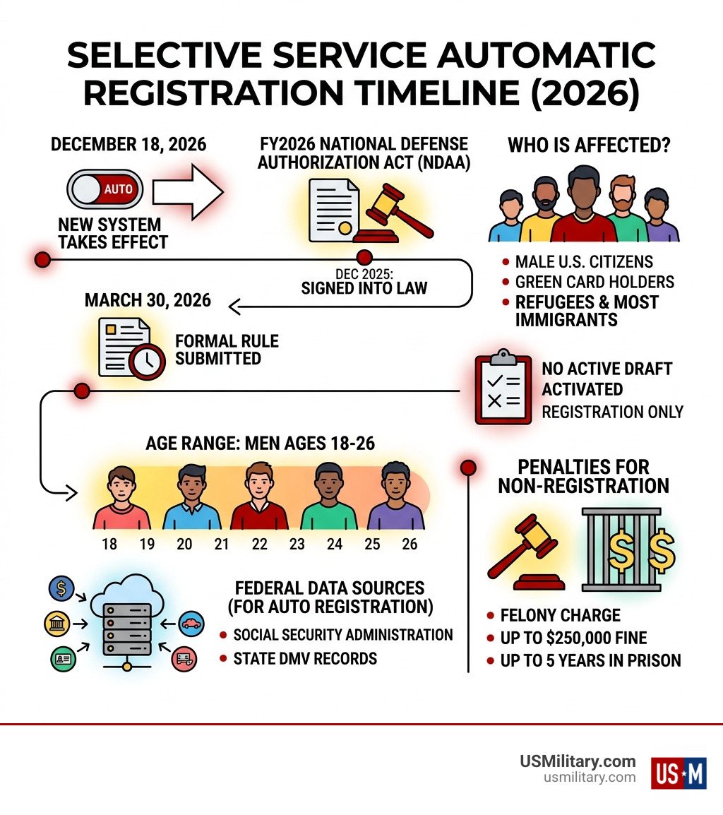 2026 Selective Service automatic registration timeline infographic showing age range, federal data sources, key dates, and