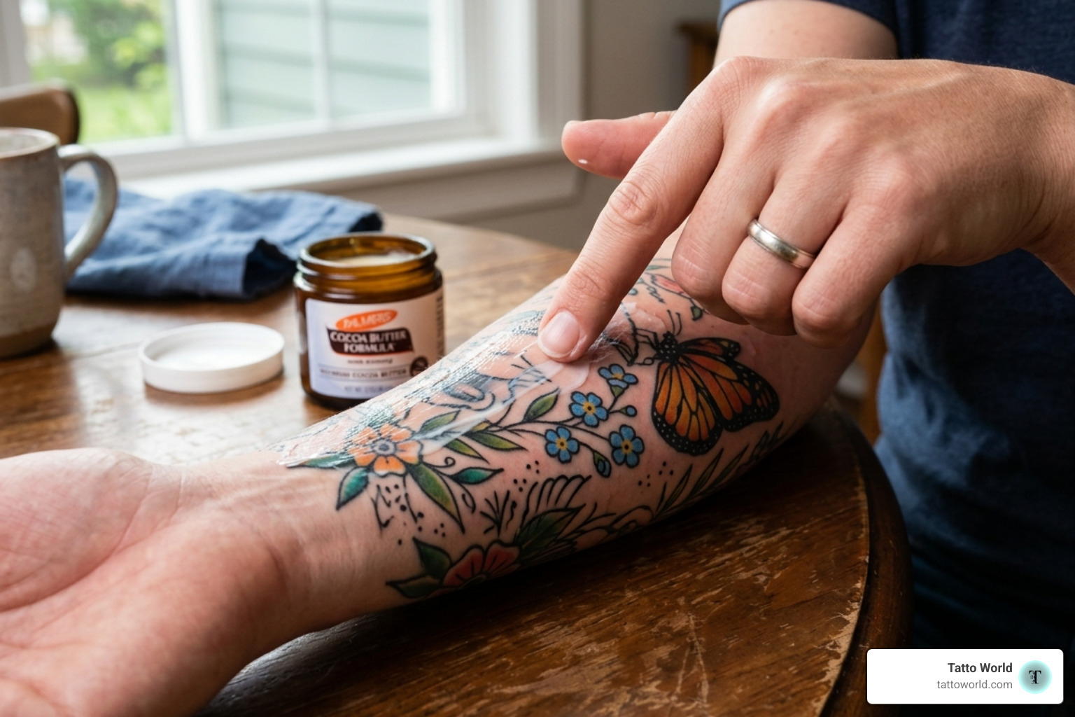 Person applying a thin layer of cocoa butter to a forearm tattoo - cocoa butter tattoo aftercare