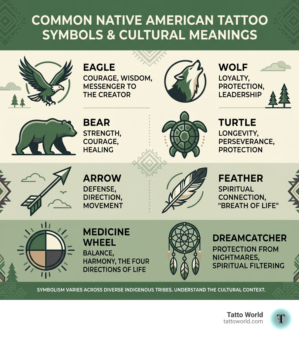 Infographic showing common Native American tattoo symbols and their cultural meanings across tribes - Native American tattoo