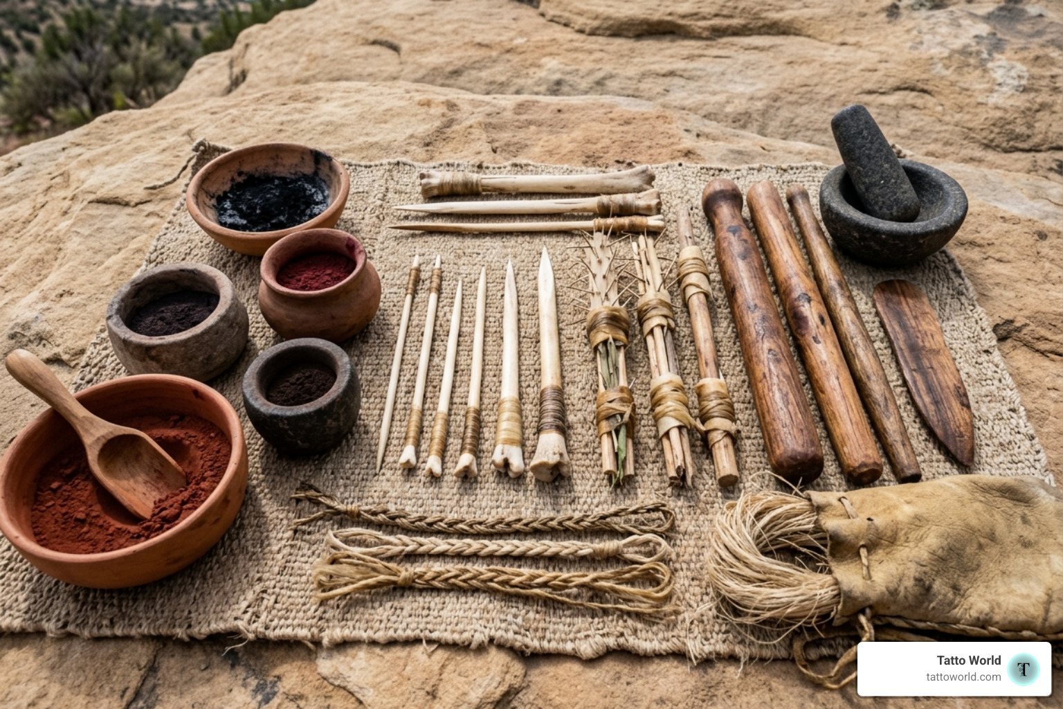 Ancient tattooing tools including bone needles and natural pigments - Native American tattoo symbols