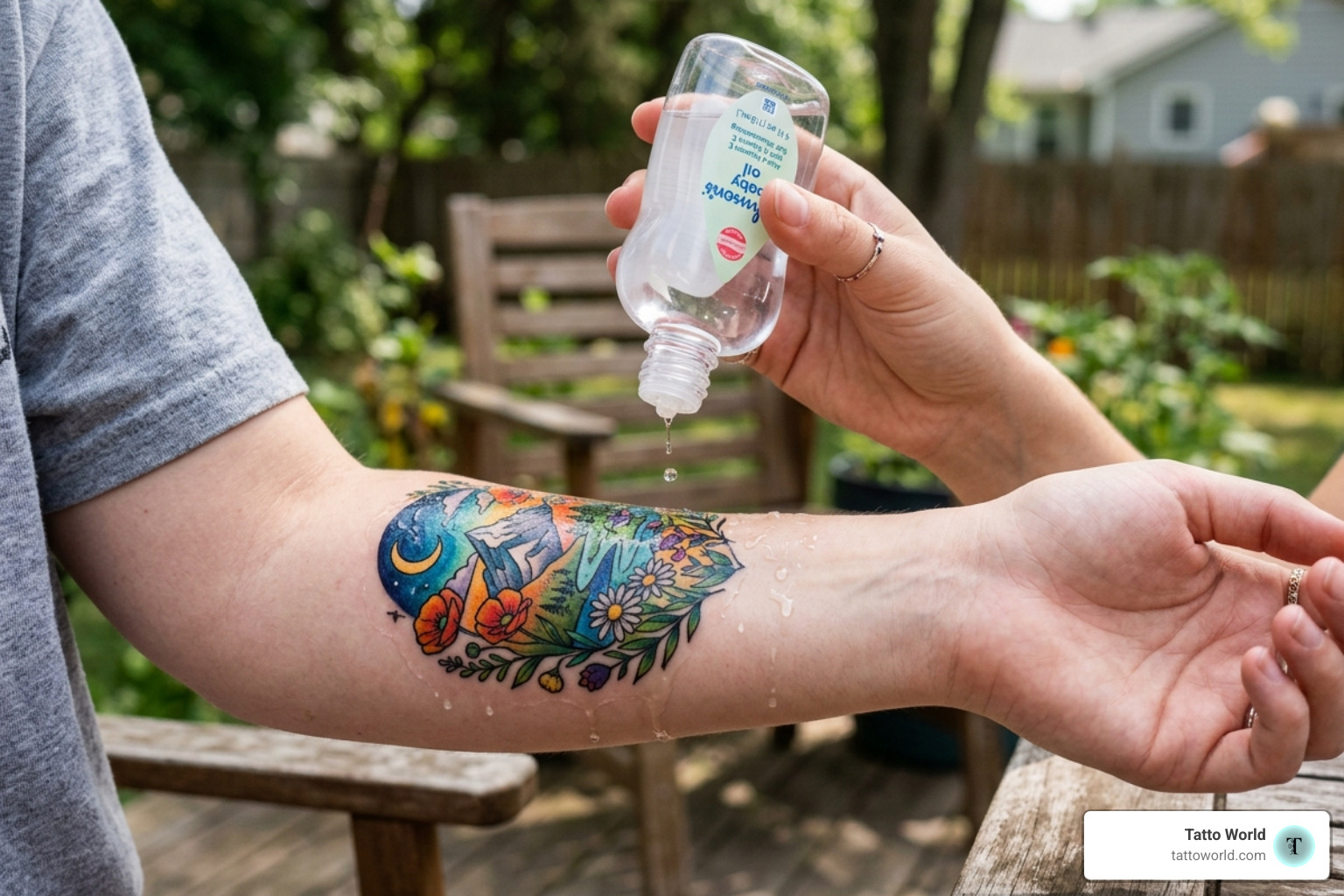 Applying baby oil to a temporary tattoo on an arm - how to remove temporary tattoo ink from skin