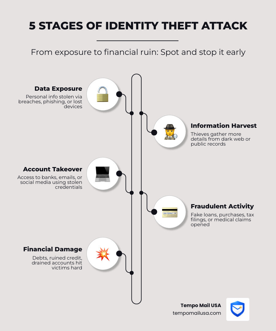 5 stages of an identity theft attack from data exposure to financial damage - avoid id theft infographic 5 stages of an identity theft attack from data exposure to financial damage - avoid id theft infographic