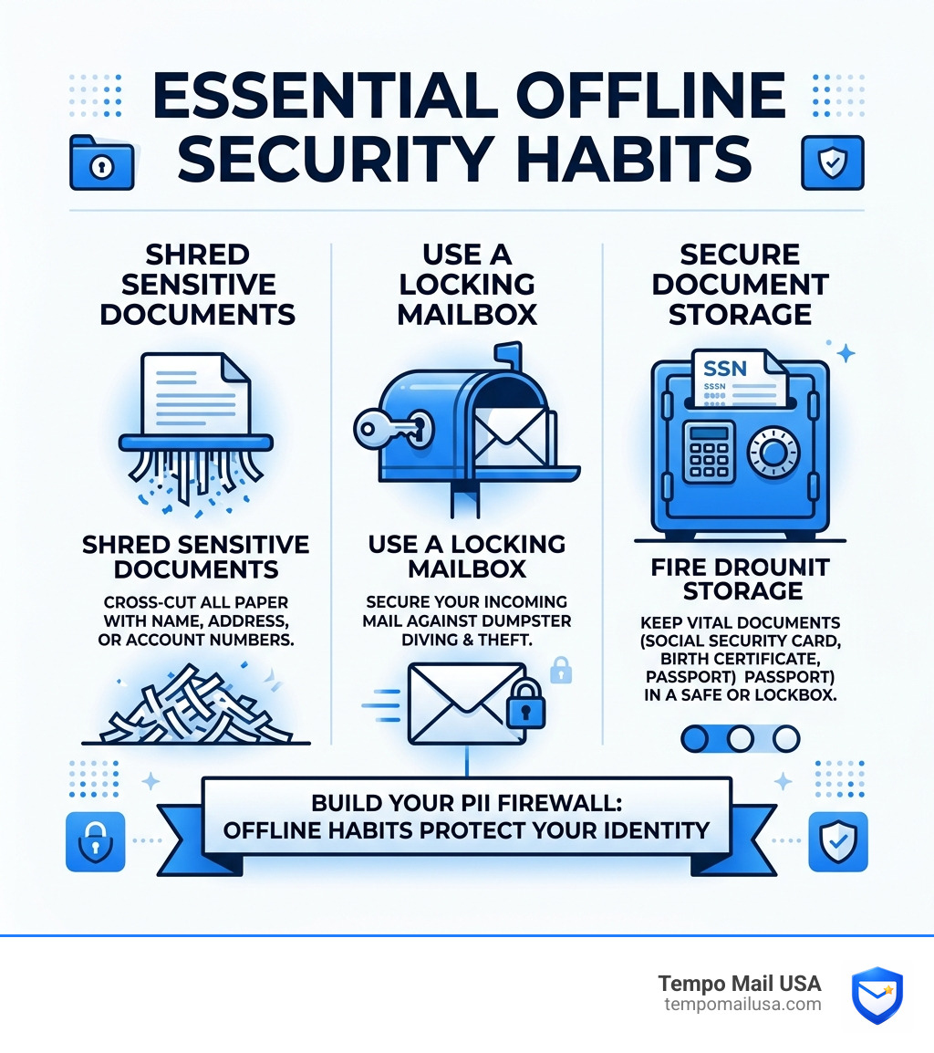 infographic explaining offline security habits: shredding, locking mailboxes, and document storage - best way to protect infographic explaining offline security habits: shredding, locking mailboxes, and document storage - best way to protect