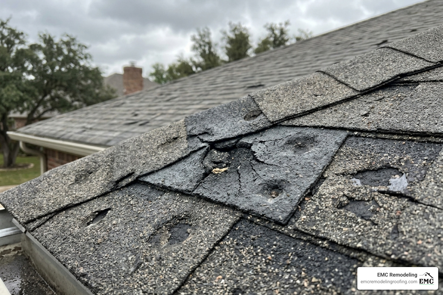 hail-damaged shingles on a Georgetown Texas roof - roofer georgetown tx