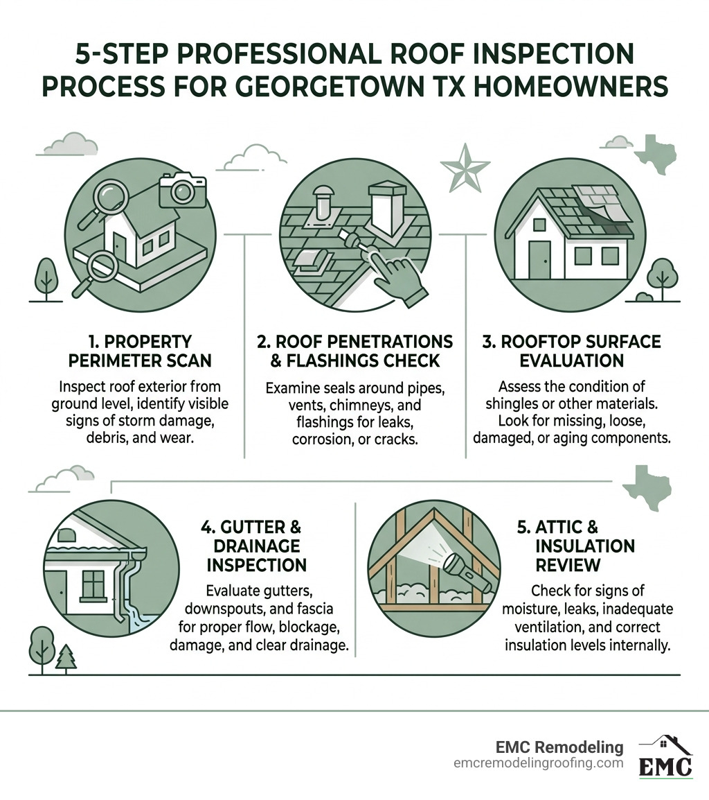 5-step professional roof inspection process for Georgetown TX homeowners infographic - roofer georgetown tx infographic 