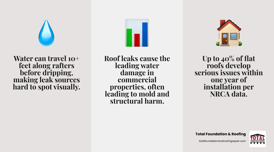 Infographic showing common signs of a roof leak: ceiling stains, mold growth, musty odors, daylight through attic, damaged