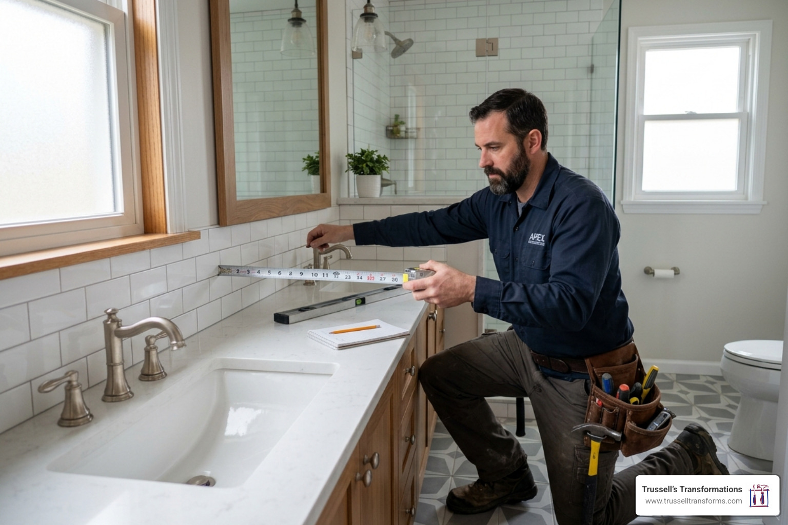 Professional Contractor Measuring A Bathroom Space - Bathroom Vanity Installation Cost Calculator