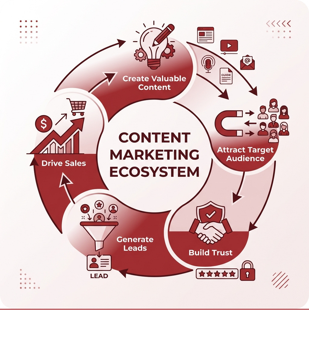 Content marketing ecosystem infographic: create valuable content, attract target audience, build trust, generate leads