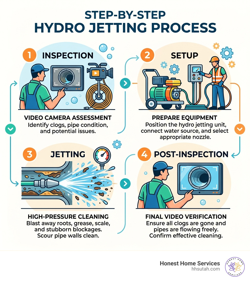 Step-by-step hydro jetting process infographic: inspection, setup, jetting, and post-inspection - hydro jetting drain